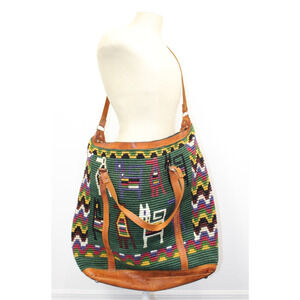 Vintage Handmade Woven Tote Bag Leather Trim Boho Guatemala Alpaca Wool Travel